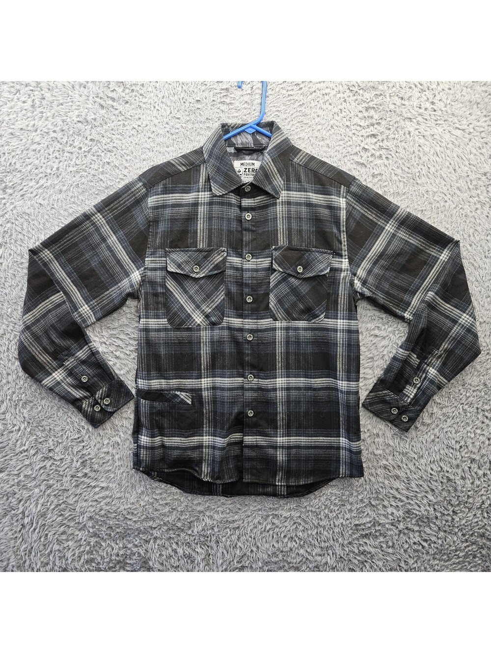 ZF Zero Foxtrot Flannel Shirt Men Medium Gray Black Blue Plaid w/ Pockets